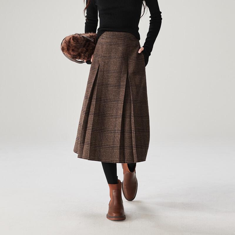 SOFSIL Women's High-Waisted Plaid Wool-Blend A-Line Midi Skirt