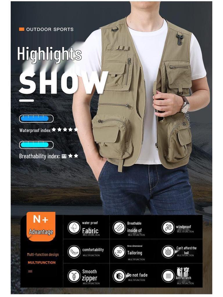 Men's Casual Multi-Pocket Mesh Vest for Fishing & Photography - Sleeveless Outdoor Spring/Autumn