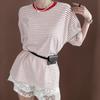 New Arrivals Open Run Women Loose FiT STripe Ringer Neck Summer T shirT