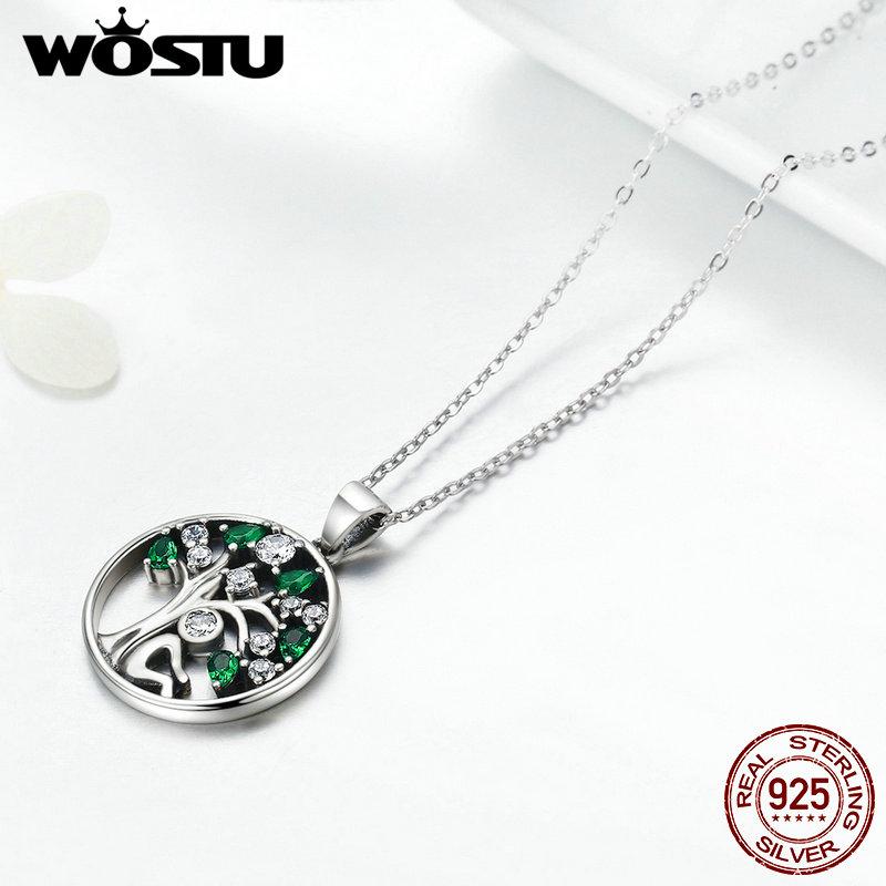 WOSTU Real 925 Sterling Silver Tree of Life Necklace Green Cubic Zirconia Round Pendant Family Tree Jewelry Gift for Her