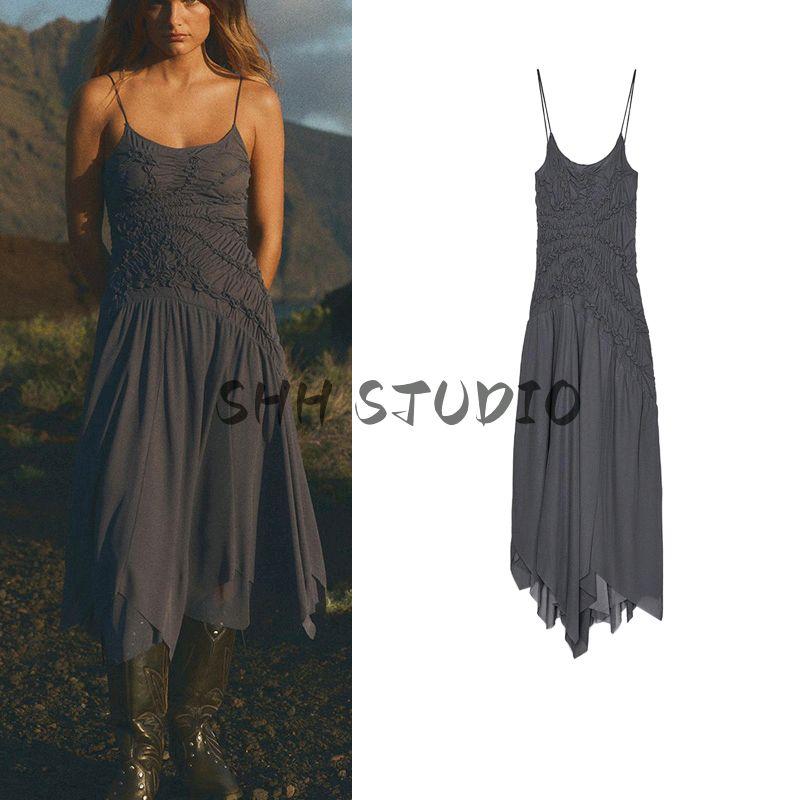 Spring and Summer New Women's Clothing round Neck and Long Pattern Sleeveless Ruched Decorative Asymmetric Thin Strap Dress 1937305