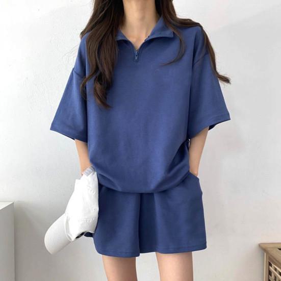 2 Pcs/Set Sweatshirt Shorts Set  Loose Solid Color Lapel Half Sleeves Pockets Elastic Waist Zipper Collar Breathable Soft Summer Tracksuit
