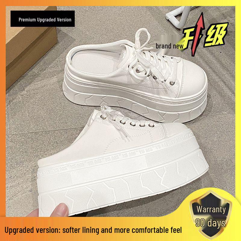 Women's White Thick-Soled Platform Mules - Closed-Toe, Backless, Petite Height Boost, Spring/Summer