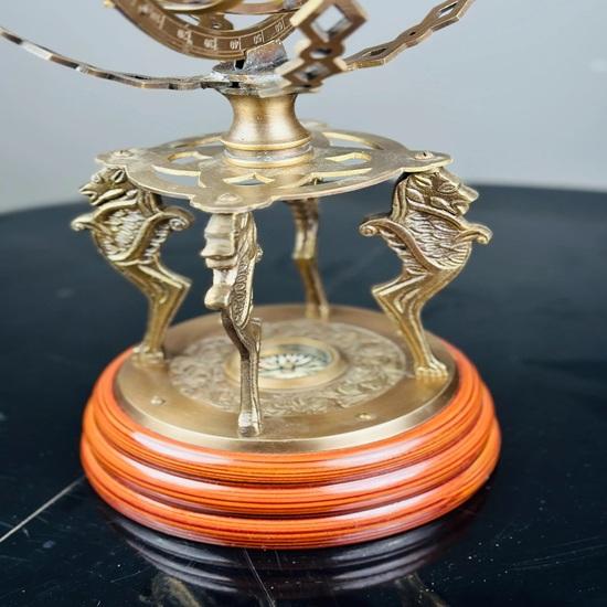 45.72 Cm Brass Armillary Sphere Globe Astrolabe Zodiac Engraved Wooden Base with Working Direction Compass Nautical Best Gift Decorative Item