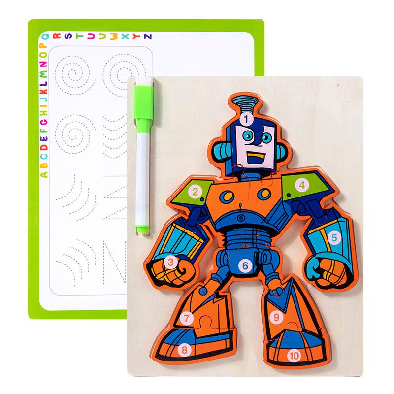 

Wooden multifunctional robot puzzle drawing board through rope beaded animal fruit traffic matching board early childhood