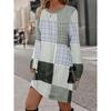 Womens Heart Print Round Neck Long Sleeve Plaid Patchwork Midi Dress Elegant Casual Office Wear