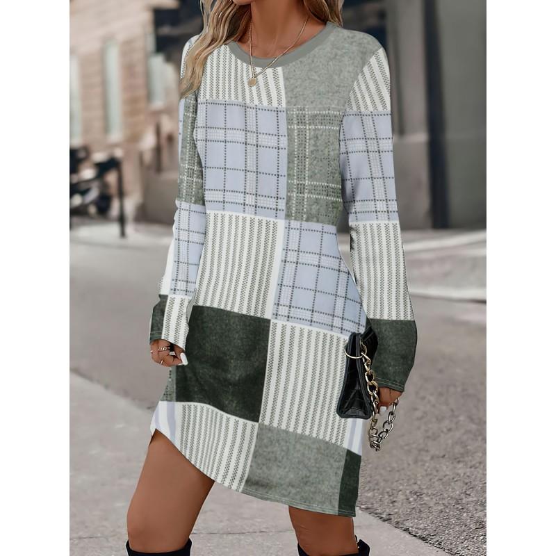 Womens Heart Print Round Neck Long Sleeve Plaid Patchwork Midi Dress Elegant Casual Office Wear