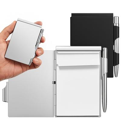 1 Set Metall-Taschennotizbuch-Set mit Stift und nachfüllbarem Papier Aluminium Klappdeckel Mini-Notizbuch Ständer Kompaktes Tagebuch mit Stifthalter