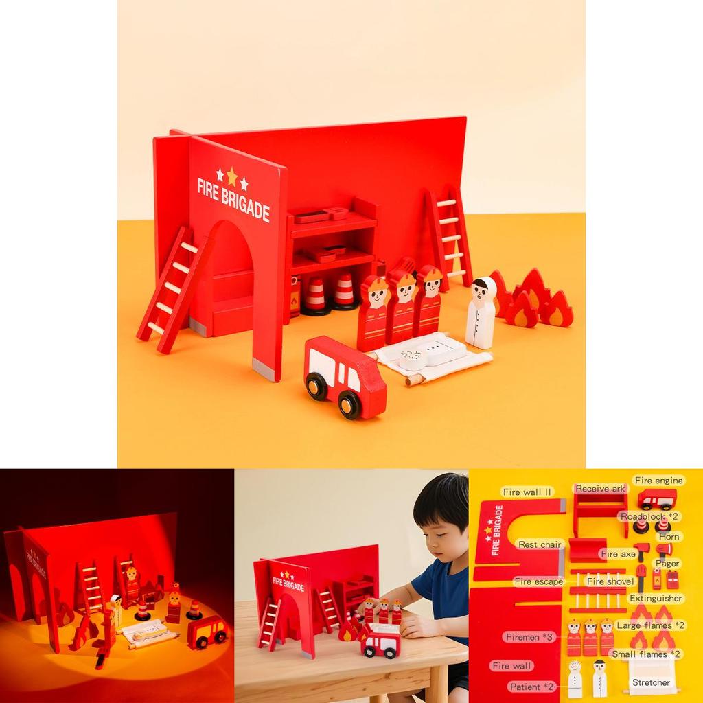 Wooden Fire Scene Construction Building Block Toys Play Set For Parent Child Interaction