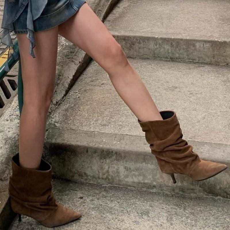 Plus Size Womens Pointed Toe Mid Calf Boots Faux Suede Stacked Western Style Heeled Fall Winter