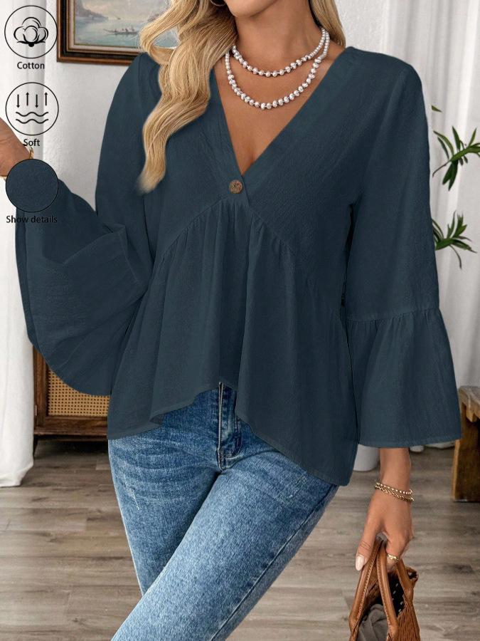 2026 European Women's Retro V-neck Ruffle Sleeve Spring/Summer Top