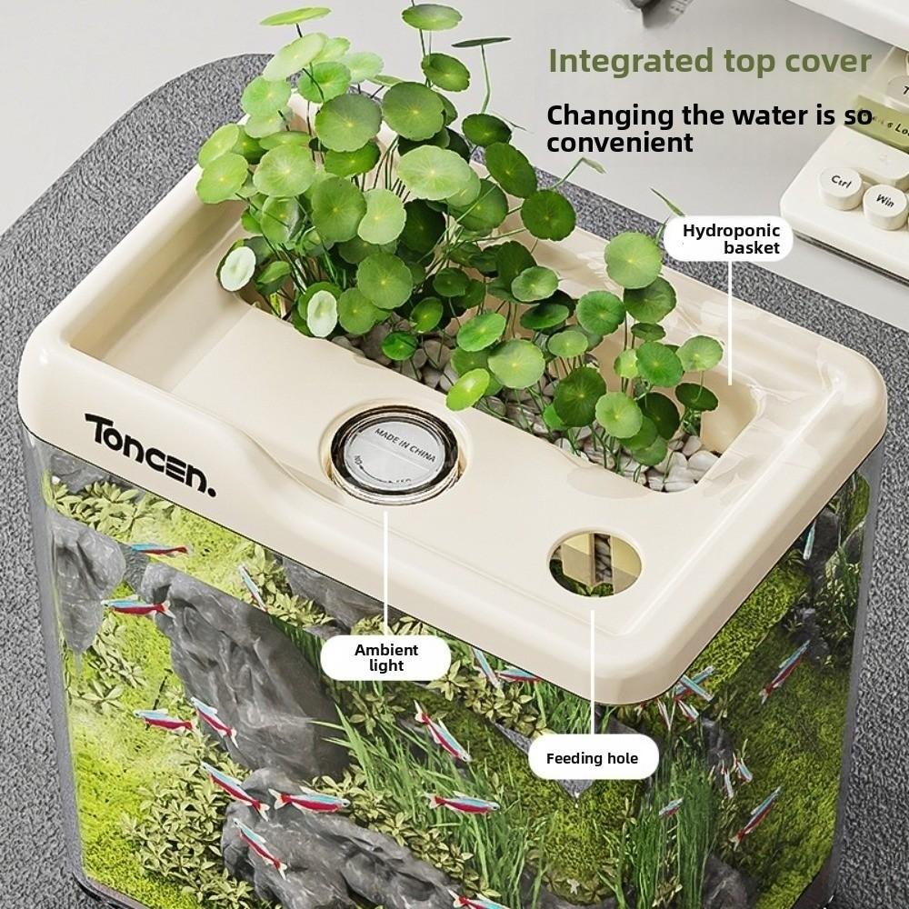 New 2 in 1 Fish Tank with Lid and Light Transparent Hydroponic Tank Multi-functional PET ABS Desktop Aquarium Fish Keeping