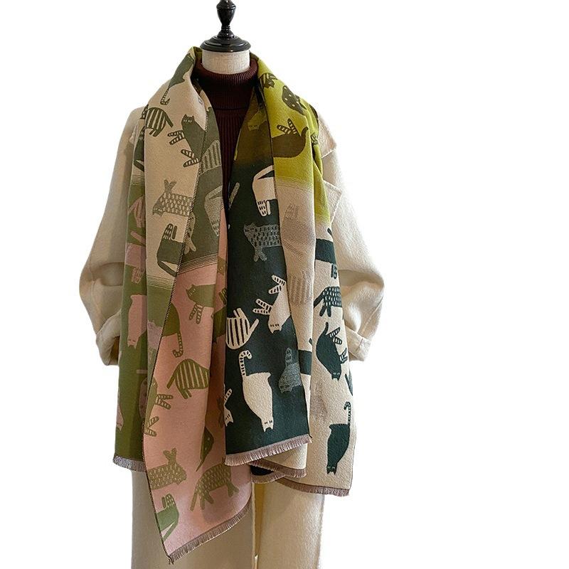 Autumn and winter new warm imitation cashmere scarf women's double-sided cute color matching thickened scarf air conditioner cartoon cat shawl