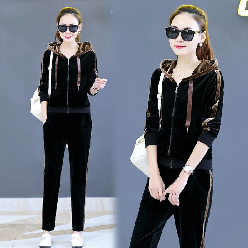 Gold Velvet Casual Sportswear Suit for Women Spring and Autumn Large Size Loose Hooded Fashion Two-piece Set