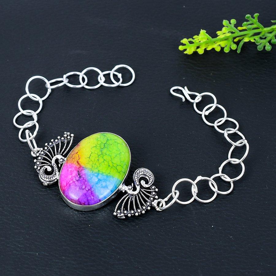 Natural Rainbow Solar Quartz Handmade 925 Sterling Silver Bracelet 7-8" r9e15
