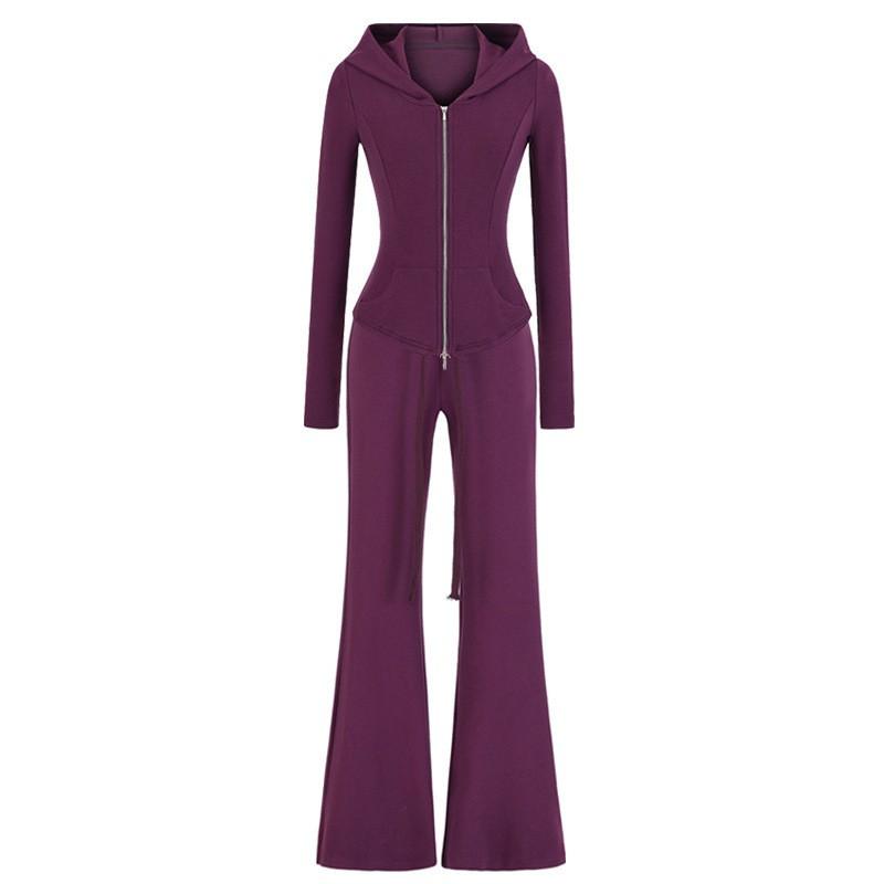 Womens Casual Yoga Set Hooded Zip Cardigan Flared Pants Solid Color Sportswear