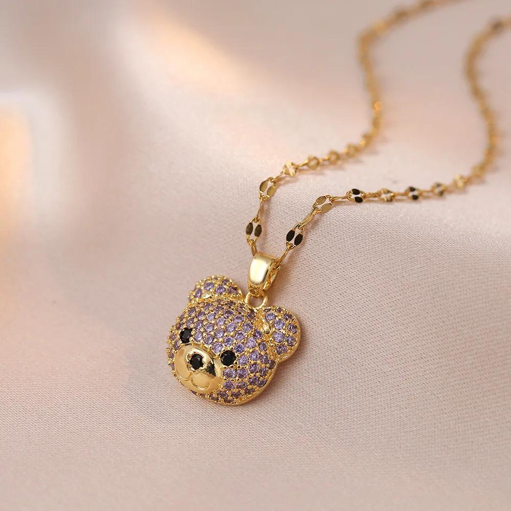 Cartoon Cute Animal Bear Encrusted with Zircon Necklaces Fashion Stainless Steel Collarbone Chain Gift for Women Friends