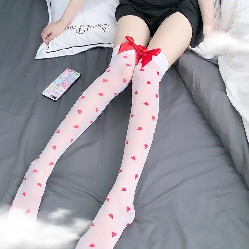 Sexy Damenstrümpfe Oberschenkelhoch Rot Liebesherz Schleife Strümpfe.Damen Netz Strümpfe mit Halter Lolita Stil Schleife Halterlose Strümpfe Strumpfhose
