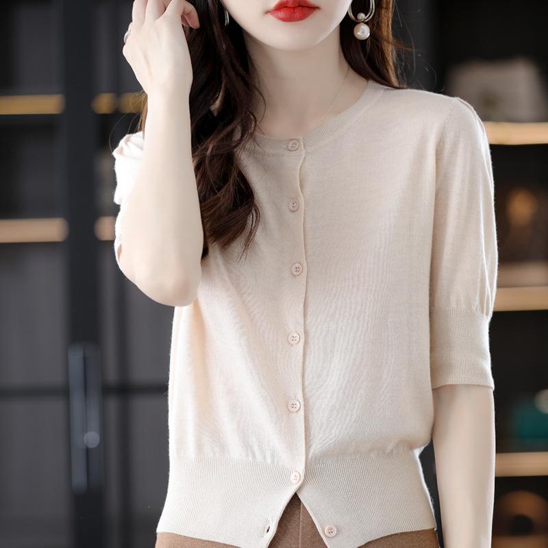 

Кардиган с коротким рукавом и круглым вырезом для женщин Летом Новый однотонный топ с рукавами-буфами Французский внешний вид Рубашка с рукавом до локтя Тонкая XXL