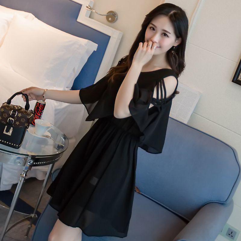 

Летнее шифоновое платье А-силуэта с открытыми плечами больших размеров 2023 L (105-115 jin) чёрный