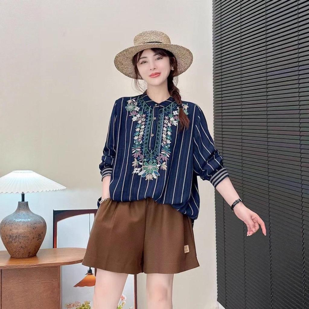 Retro Artistic Striped Embroidered Stand Collar Loose Shirt for Women - Spring/Autumn, Plus Size Available