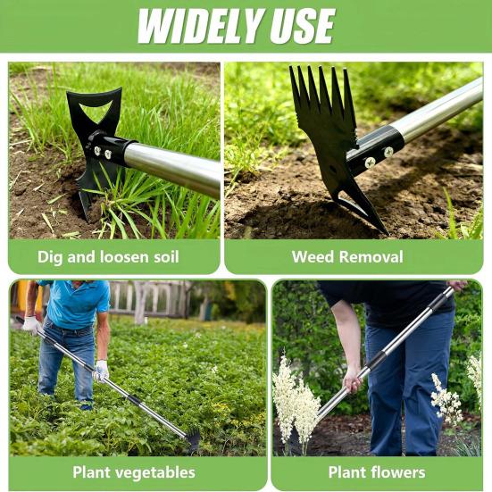 2-in-1 Weed Puller with Long Handle Adjustable Manual Weeder Hand Weed Rake And Heavy Duty Garden Hoe with Gloves