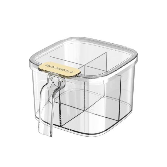 4-Fächer-Gewürzbox mit Schnappdeckel Löffel Transparenter Gewürzbehälter Stapelbarer Kunststoff Küchenorganizer für Salz Zucker Gewürze