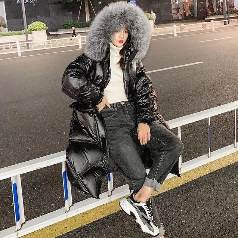 

Padded clothes women s new loose medium and long padded jackets female students thickened over knee big fur collar glossy coat XL 150-85 kg