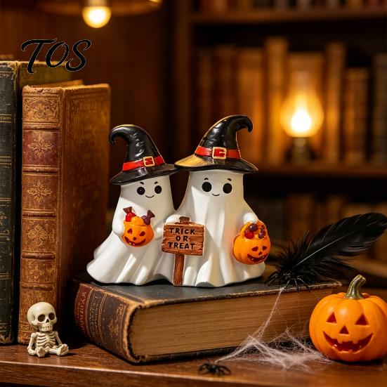 Durable Resin Ghost Figurines Halloween Figurine, Cute Spooky Statue with Wizard Hat Statues Witch for Table, Tiered Tray, Kitchen, Bedroom