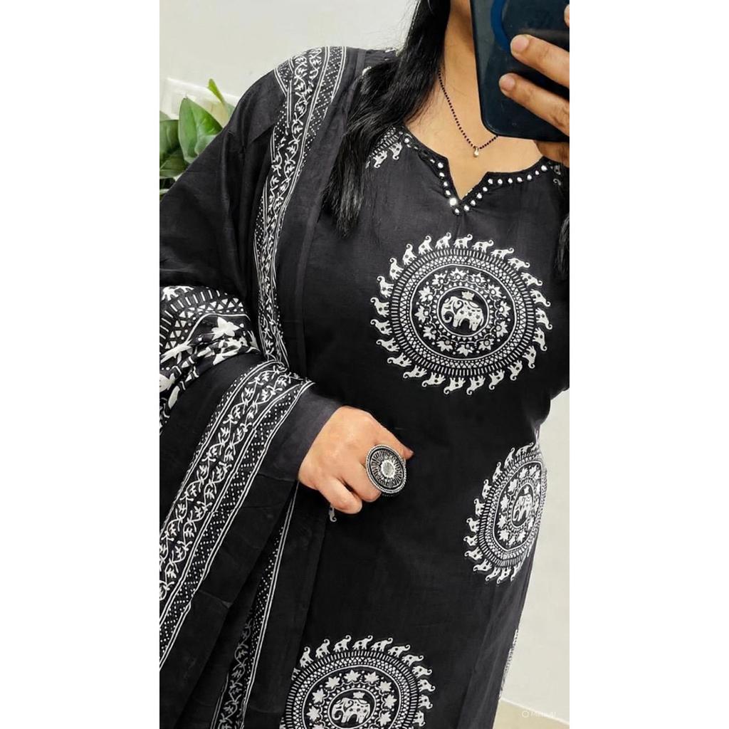Black Pakistani Cotton Kurti Pant Dupatta Set Indian Bollywood Salwar Kameez