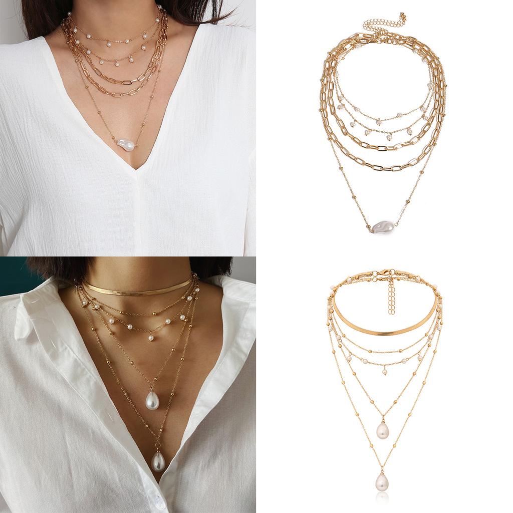 Simple Special-Shaped Imitation Pearl Chain Necklace, Temperament Round Bead Fringe Multi-Layer Geometric Necklace