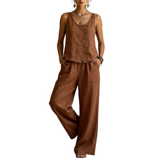 Yousheng Sleeveless 2 Piece Sets for Women, Buttons Crew Neck Tank Top And Wide Legs Pants Matching Sets, Summer Loose Lounge Outfits