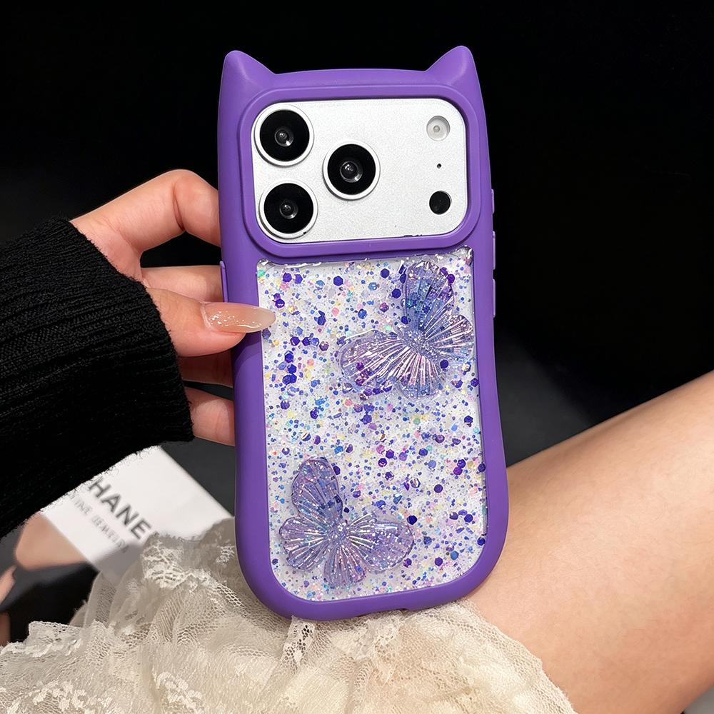 Cute Cat Ears Butterfly Transparent Lanyard Case for iPhone 17e 16 15 14 13 12 Pro Max 17 Air 11 Large Window Soft Edges Cover