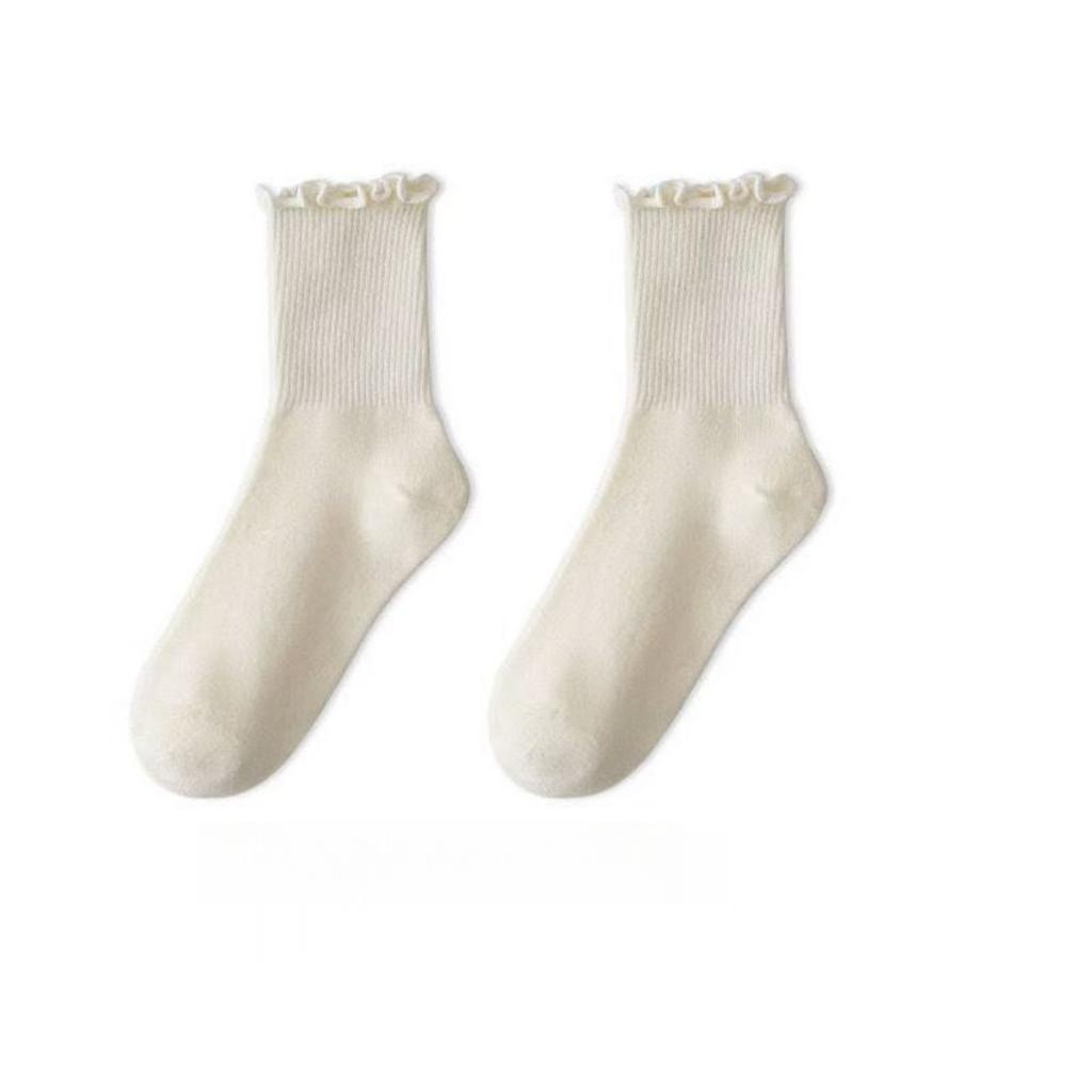 Cremefarbene Schnür-Damen-Wadenstrümpfe, Frühling und Sommer Reine Baumwolle Japanischer Stil Rüschen Jk Socken, Herbst und Frühling Kurze Socken