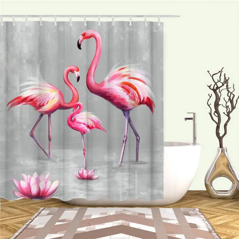 RnnJoile Flamingo Shower Curtains for Bathroom Tropical Shower Curtain Pink and Gray Fabric Bathroom Decor with Hooks