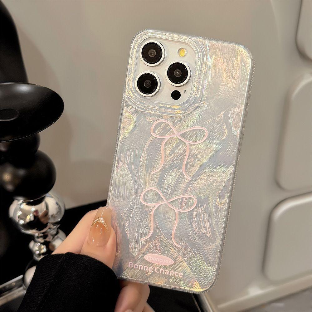 Electroplated silver bead bow is suitable for iPhone16promax Apple 14 laser mobile phone case 12/13 large hole 15.