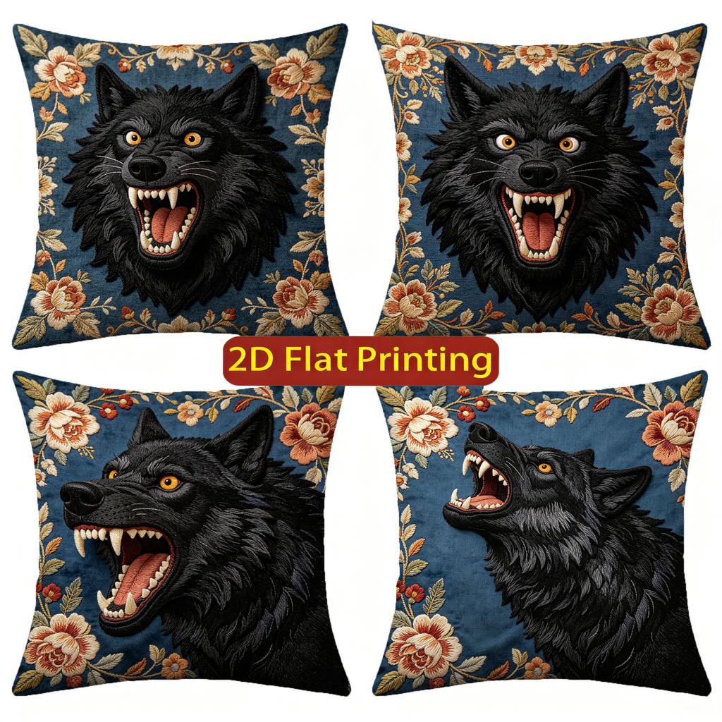 Vintage Floral Roaring Black Wolf Throw Pillow Covers Pattern Cushion Cover Suitable for Sofa Bedroom Car Pillow Cover
