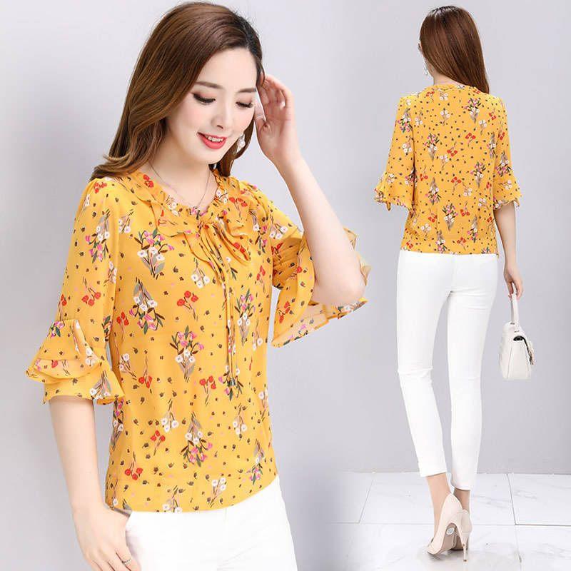 New Half Sleeve Blouse for Women's Clothing Floral Chiffon Shirt Bow Ruffled Pullovers Top S-5XL