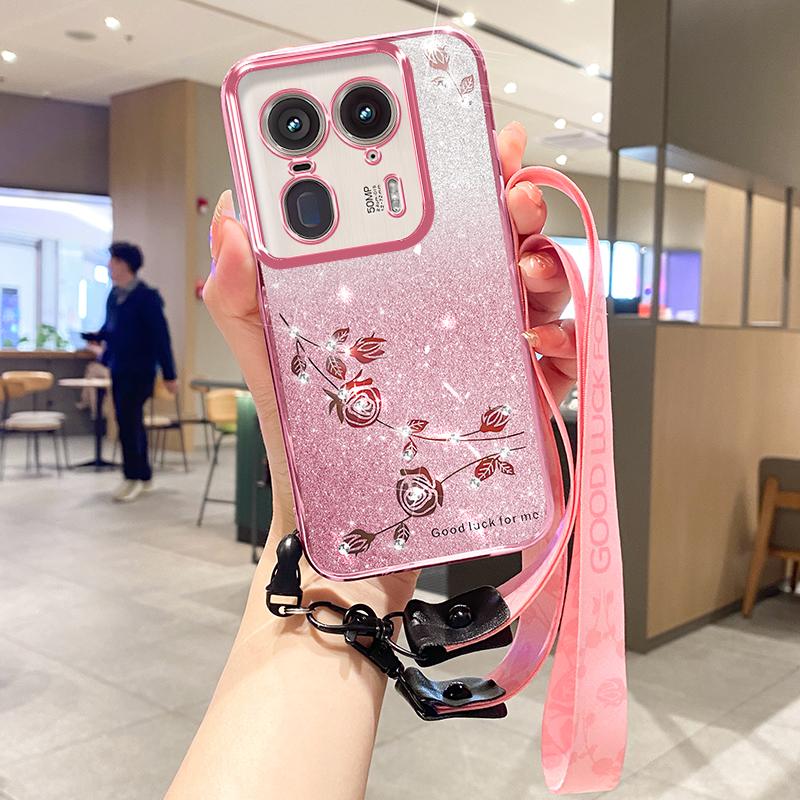 

KADEM For Motorola Edge 50 Ultra 5G/Moto X50 Ultra 5G Case Floral Pattern TPU Phone Cover with Lanyard Rose Gold