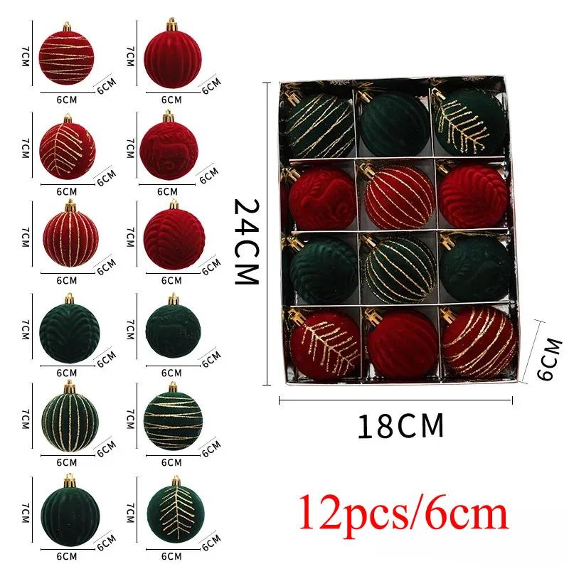 24pcs Wine Red Christmas Ball Ornaments Flocking Christmas Tree Party Decoration New Year Christmas Spheres Pendant Balls