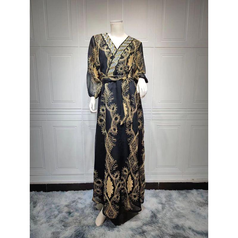 

New Arrival Fashion Elegant Hot Drilling Mesh Embroider Puff Sleeve Dress Mesh Embroidered Dress Black XL