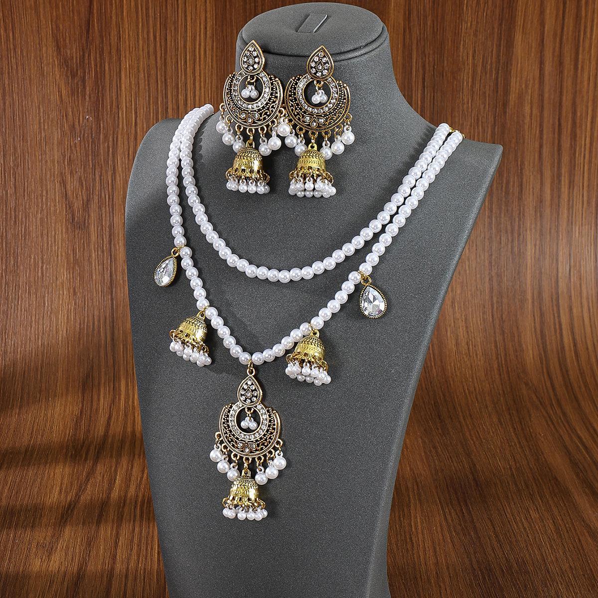 

Double Pearl Tassel Bells Earrings Necklace Set Women S Bohemian Court Fashion Jewelry