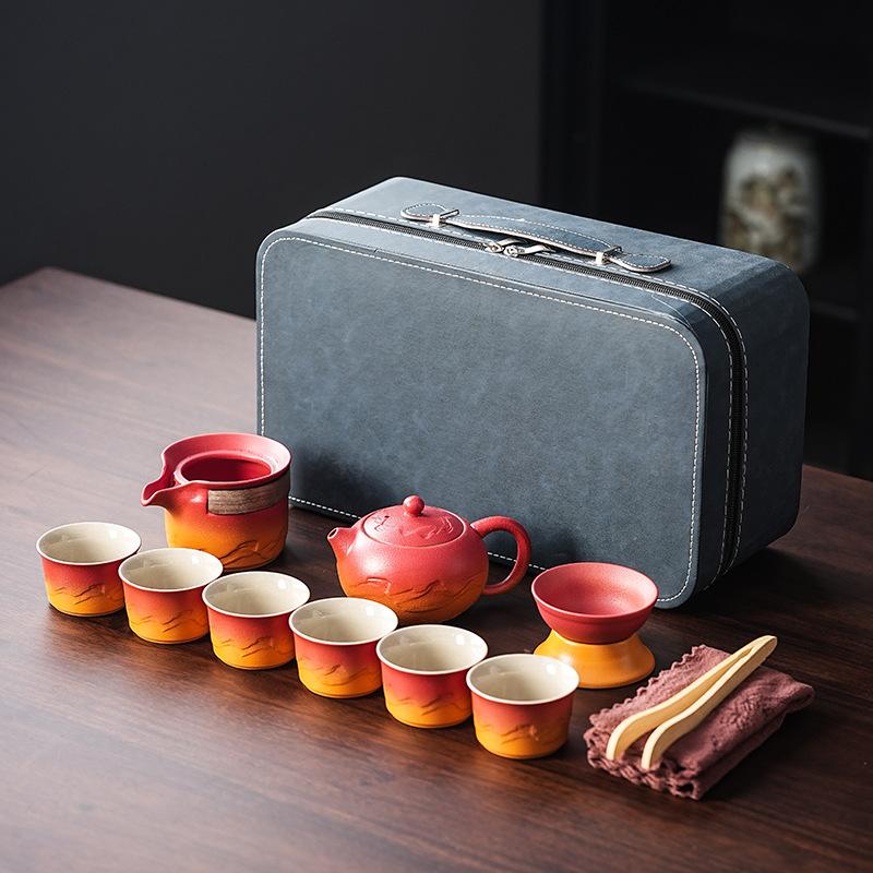

Походный чайный набор из грубой керамики, портативный, с плавным переходом цвета, красно-оранжевый, ретро-набор, деловые подарки, сумка, набор для чая кунг-фу, подарки