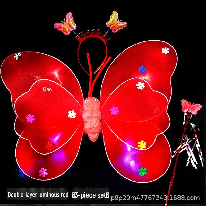 Children's Glow Angel Costume: Girl's Gauze Skirt with Flashing Wings and 20-Light Butterfly Design, 3-Piece Set.
