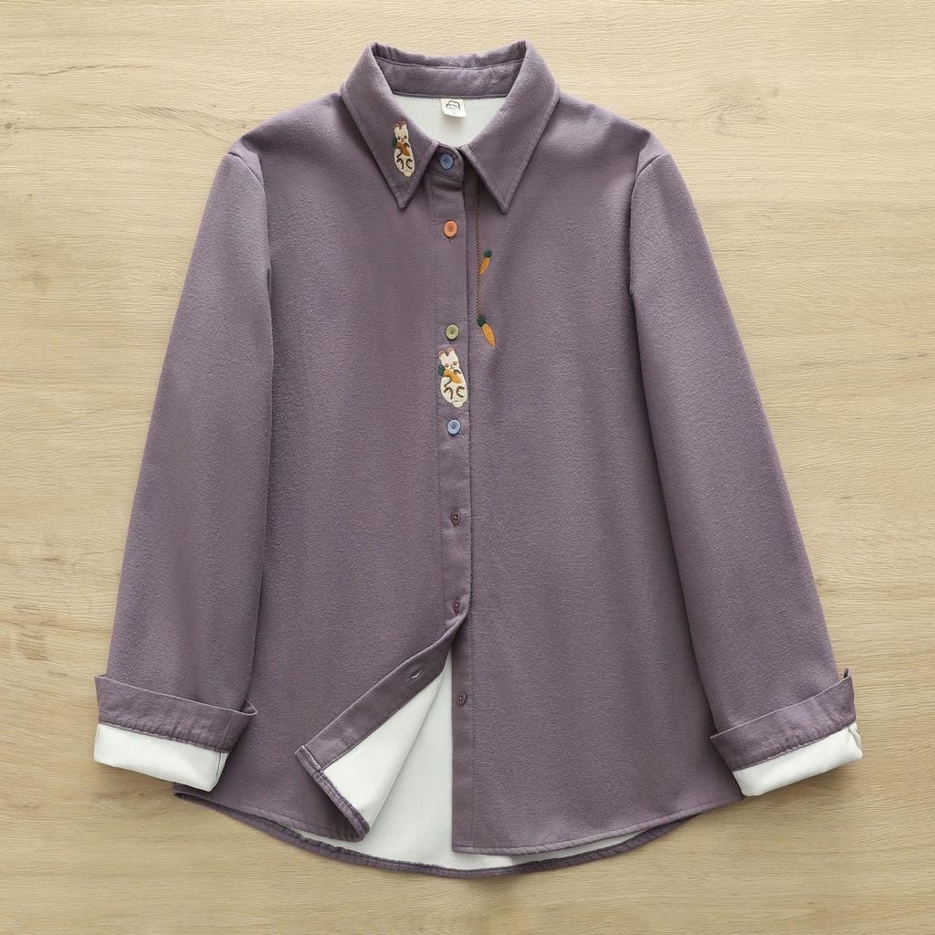 Women's Warm Autumn/Winter Velvet Shirt with Artistic Rabbit & Radish Embroidery