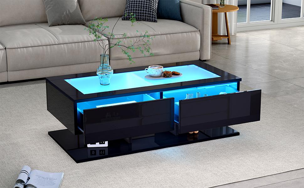 100*50*35cm Coffee Table, High Gloss Sofa Table, Living Room Table with Drawers, Coffee Table with LED Light, Glass Top, Black