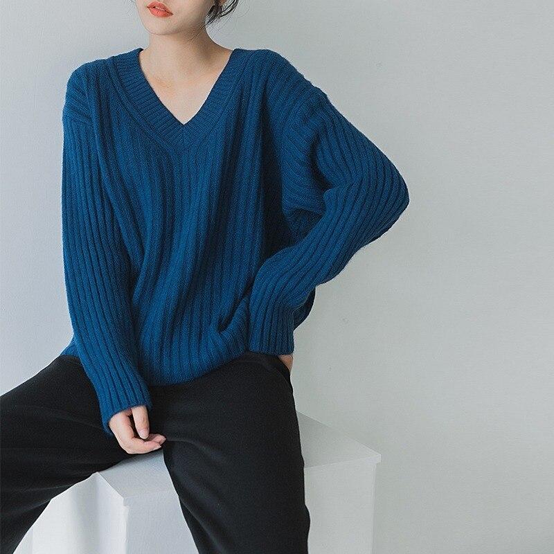 

Осенние корейские повседневные пуловеры, модные женские зимние свитера, вязаный свитер с v-образным вырезом, женские джемперы, элегантные топы, шикарные 29217 One Size синий