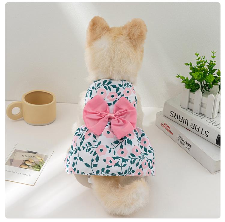 Dog Princess Dress Print Summer with Bowknot Button Sweet Cute Puppy Cat Skirt Thin Pets Wedding Party Chihuahua Clothes