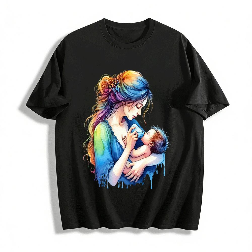 Watercolor Mom Feeding Baby Print Casual Top Pure cotton T-shirt XXS