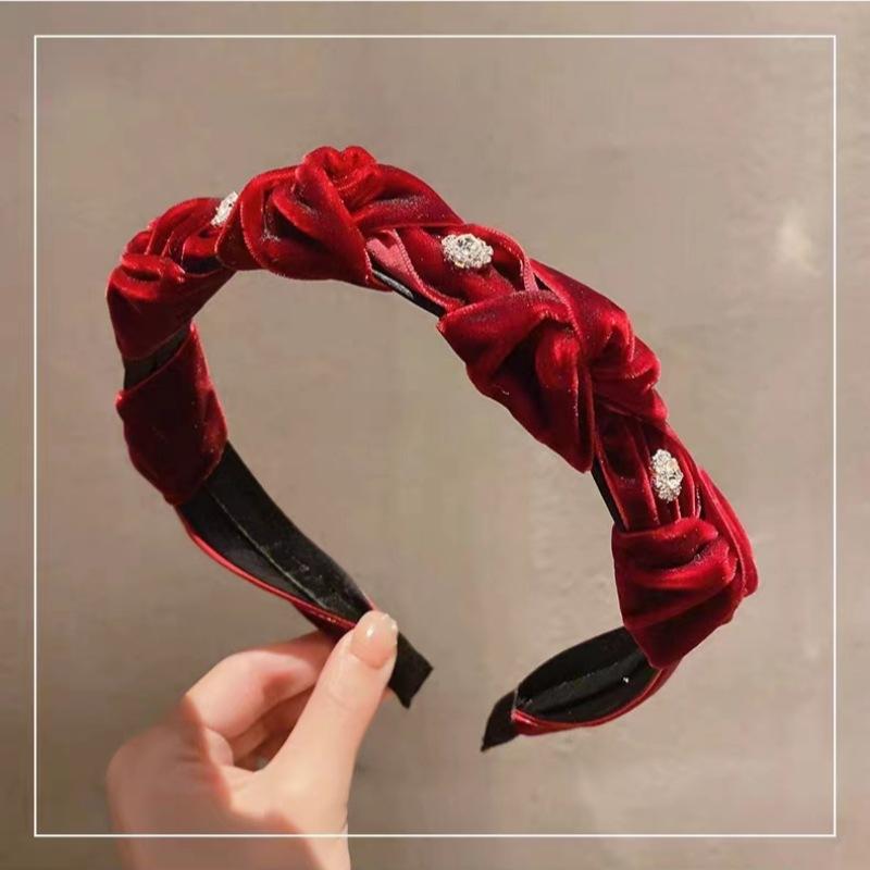 Korean Vintage Velvet Rhinestone Braided Wide Edge Headband Black High Cranium Hairpin Out Headband